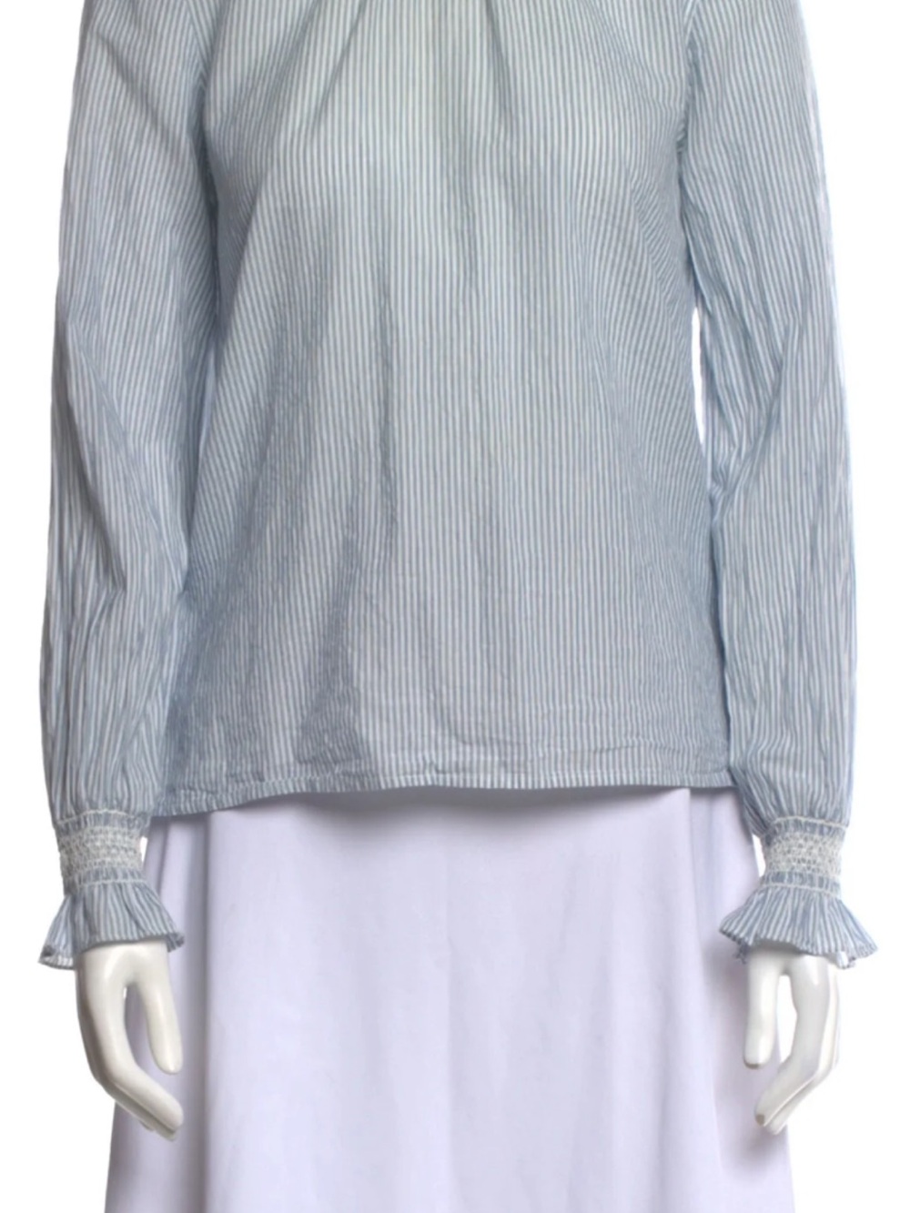 Sezane Light Blue Pinstripe Long-Sleeve Smocked Neck & Cuff Top, SZ 38, MEDIUM